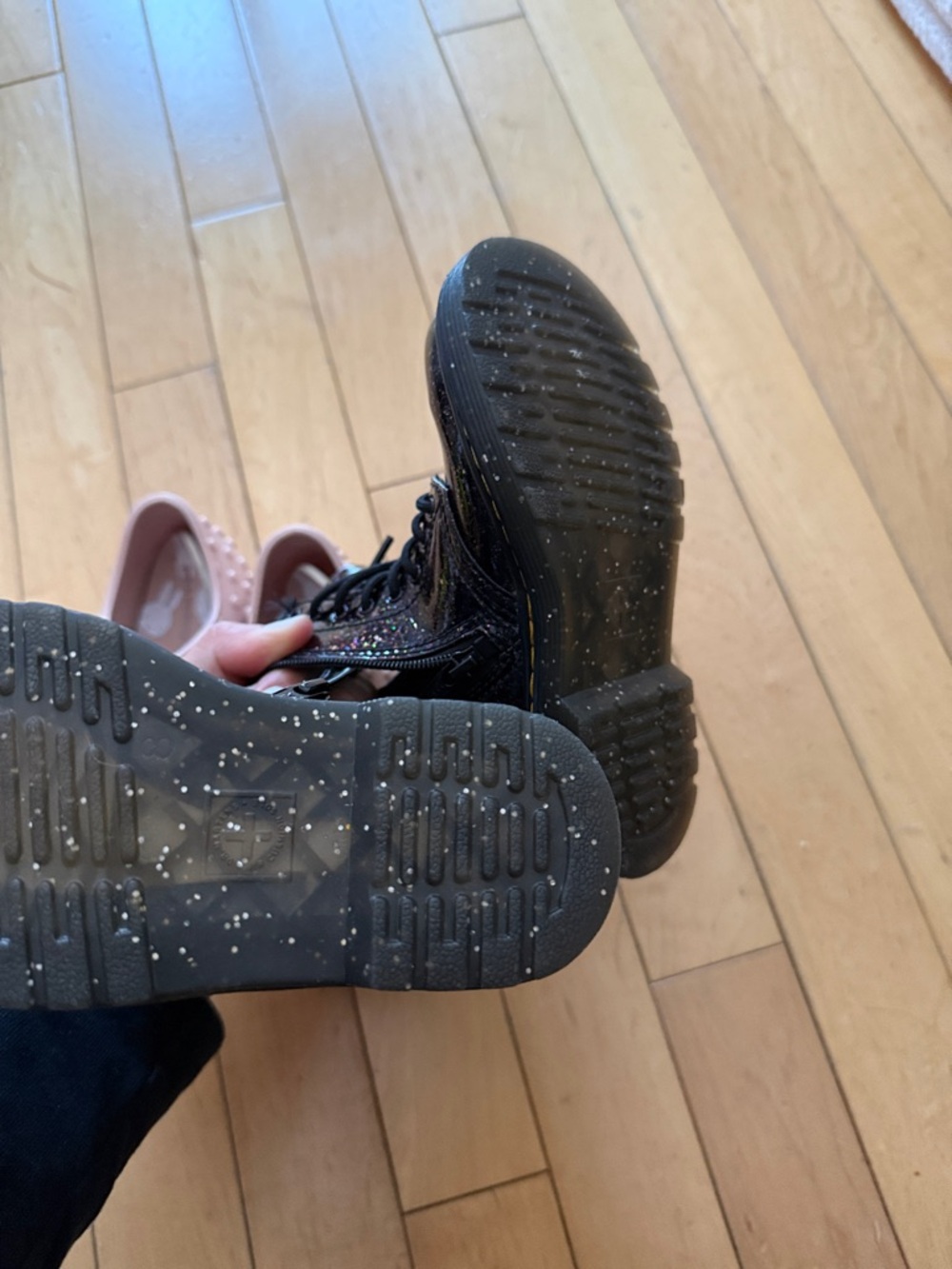 Girls Pink Bunny Sneakers & Dr Martin Black Glitter Lace-Up Boots - Picture 6 of 7